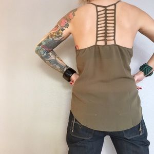 Women’s taupe sheer halter blouse unique cage back